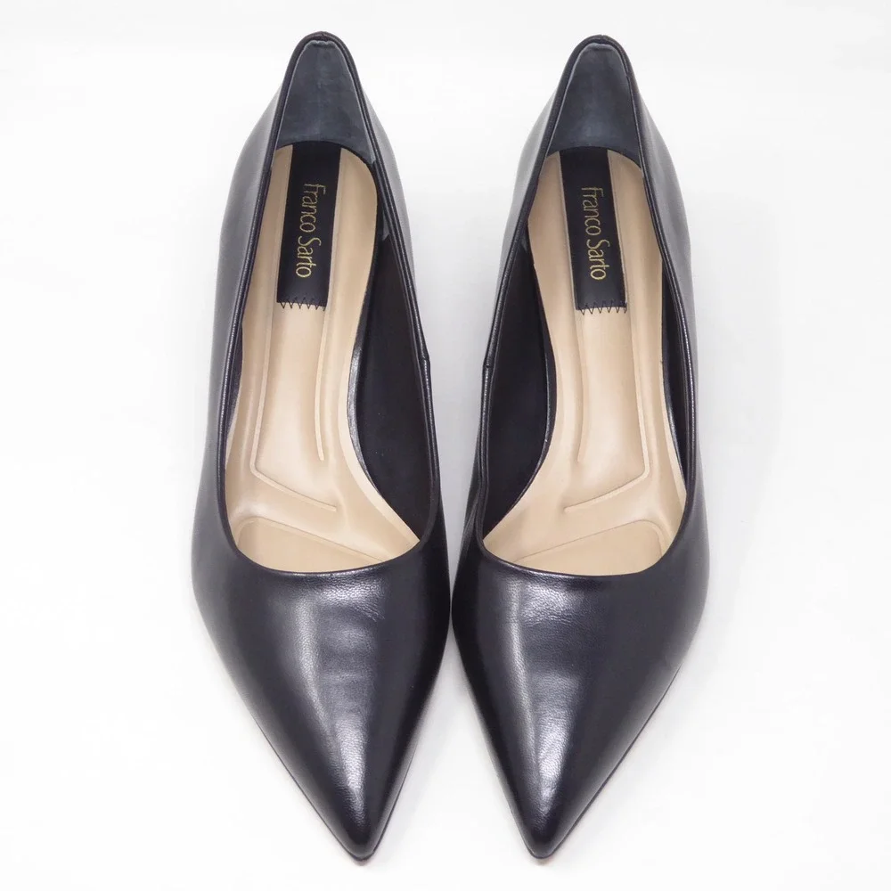 NEW Franco Sarto Womens Racer Pumps Black Leather Pointed Toe Block Heel 7.5M
